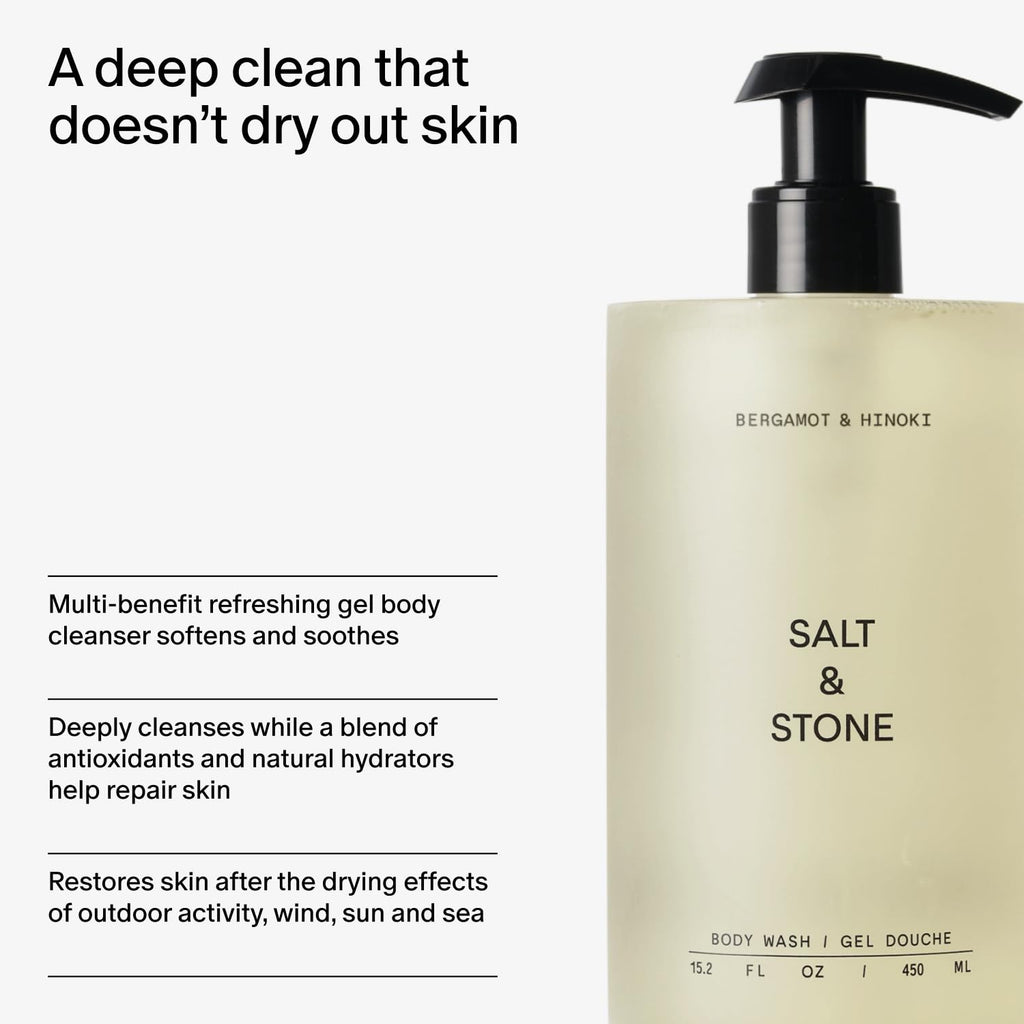 Salt & Stone Body Wash with Antioxidants for Deep Moisture | For Women & Men, Sulfate, Paraben, & Dye Free, Leaving Skin Soft and Hydrated | Bergamot & Hinoki Refill 32 fl oz