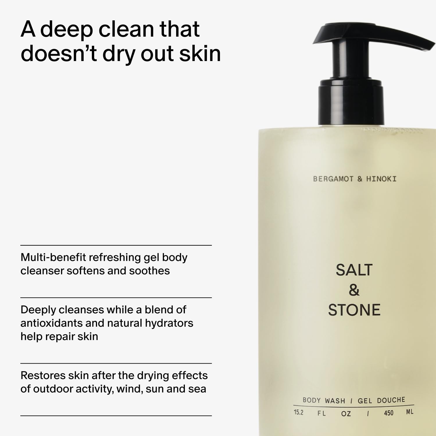 Salt & Stone Body Wash with Antioxidants for Deep Moisture | For Women & Men, Sulfate, Paraben, & Dye Free, Leaving Skin Soft and Hydrated | Bergamot & Hinoki Refill 32 fl oz