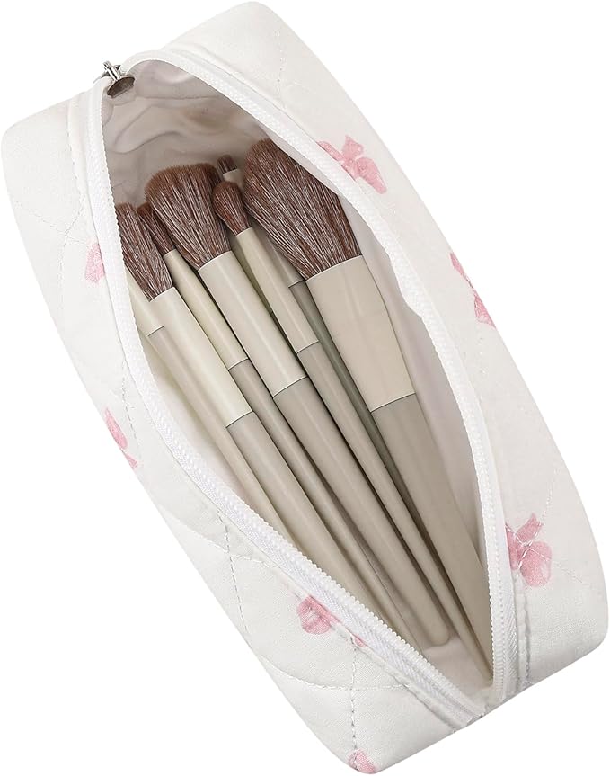 WHHJM Cute Floral Makeup Brush Bag Small Cotton Quilted Cosmetic Bag for Women Travel Toiletry Zipper Make Up Pouch (Pink Small Bowknot)