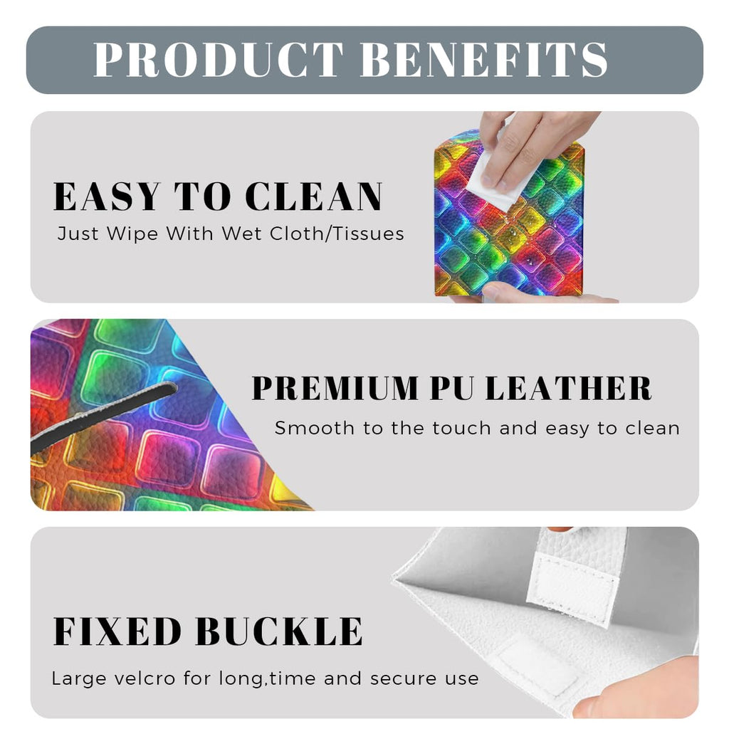 Rainbow Tissue Box Cover Neon Colorful Tiles Purple Blue Pink Square PU Leather Waterproof Tissue Box Holder for Bathroom Kitchen Bedroom Vanity Countertop Night Stands