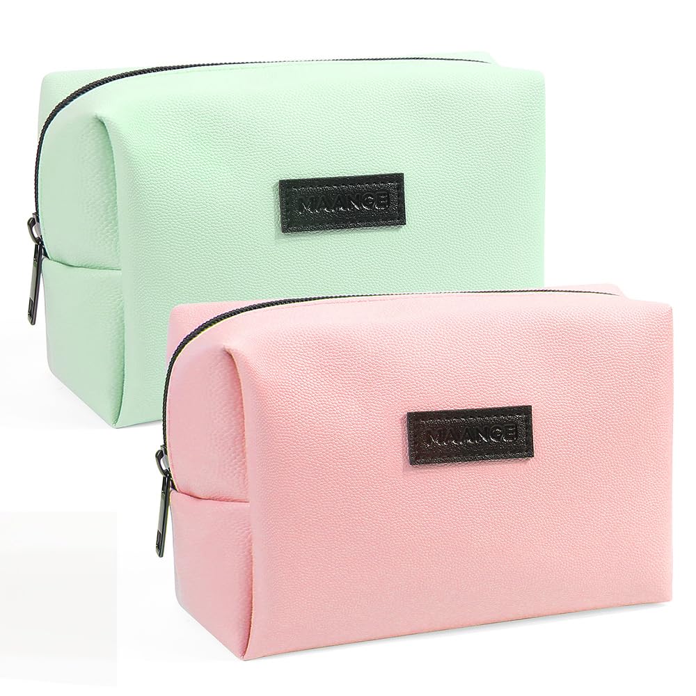 MAANGE 2 Pcs Small Makeup Bag For Purse, Travel Cosmetic Bag Makeup Pouch PU Leather Portable Versatile Zipper Pouch For Women (Pink+Green)