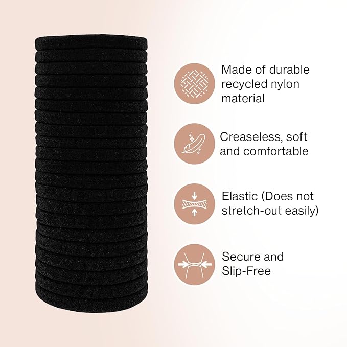 Kitsch Nylon Hair Ties No Damage - Stretchable Hair Bands for Strong All-Day Hold, Ponytail Holders | Hair Accessories for Girls - Black, 20 Pcs