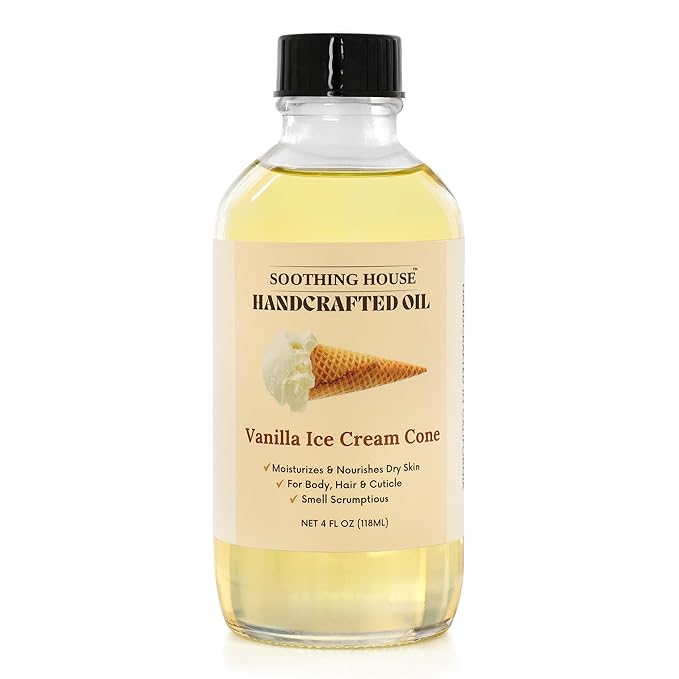 Soothing House Vanilla Ice Cream Cone Body Oil - Premium Non-Greasy Oil & Body Moisturizer for Dry Skin & Glowing Skin with Sweet Almond, Jojoba, and Vitamin E Oil, 4 Fl OZ