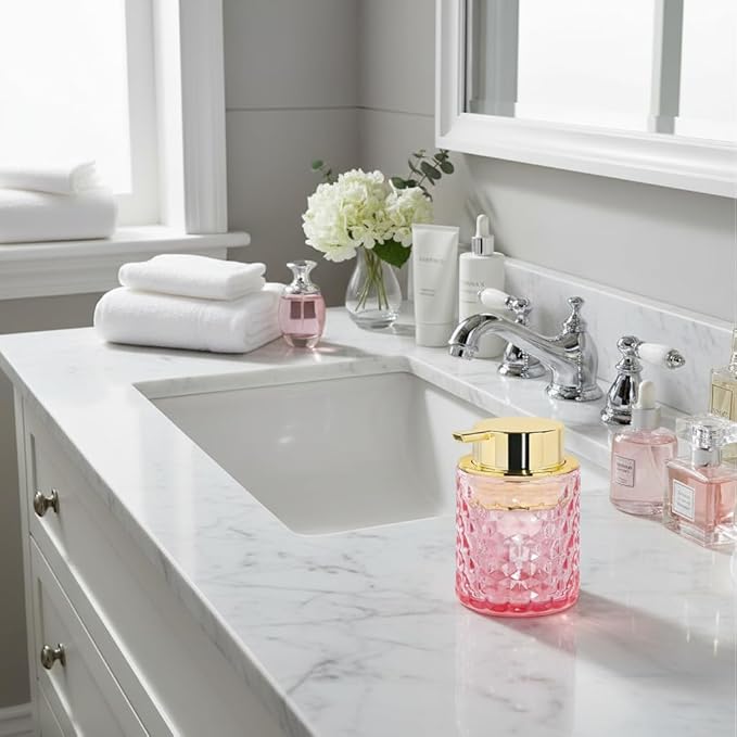 Fvstar 10 Oz Glass Hand Soap Dispenser with Pump, Refillable Bathroom Gold Foaming Soap Dispenser, Vintage Glass Diamond Lotion Container Bottle for Bathroom and Kitchen (1, Pink and Gold)