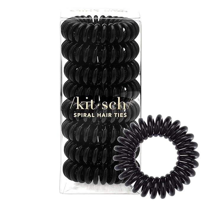 Kitsch Spiral Hair Ties for Women – Coiled Plastic Hair Ties No Damage, Ponytail Holders for Thick and Thin Hair – Creaseless and Dent-Free, Phone Cord Style - Black, 8 Pcs