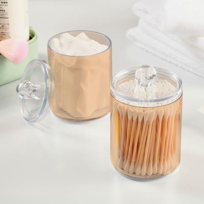 Peach Puff Qtip Holder Organizer Dispenser Cotton Swabs Cans Plastic Jars with Lid Set 2 Pack Bathroom Storage Canister for Cotton Ball Floss Cotton Pads