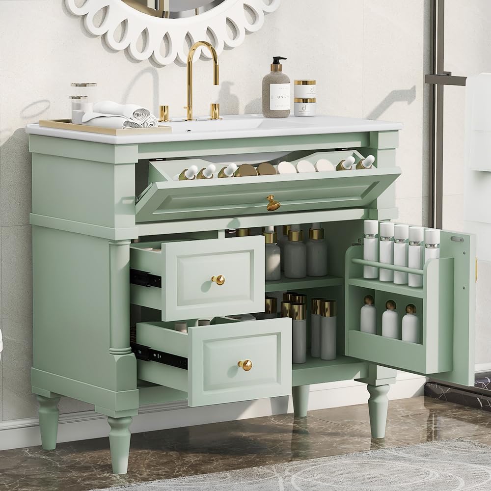 Harper & Bright Designs 36" Bathroom Vanity with Sink, Free Standing Bathroom Vanity Set with Flip Drawer, 2 Drawers, and Adjustable Shelf, Wood Storage Cabinet with Ceramic Basin for Bathroom, Green