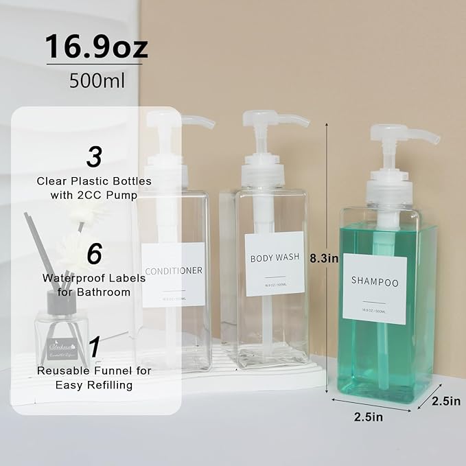Shampoo and Conditioner Dispenser, Refillable Plastic Shampoo Pump Bottles with Waterproof Labels, Empty Body Wash Dispenser Set for Bathroom, Shower Soap Bottles (Clear, Set of 3, 16.9oz)
