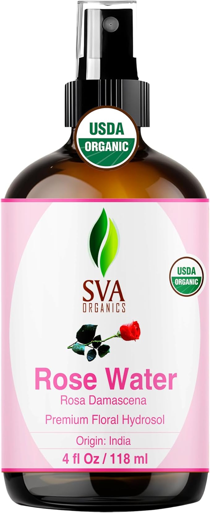 SVA ORGANICS Rose Water, Glass Bottle with Spray, 4 Fl Oz (118 ml)