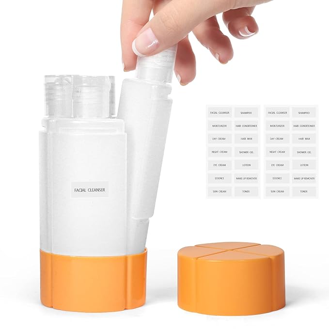 Olatay Travel Bottle, TSA approved 4-in-1 Leak-Proof Bottle, 4 * 60ml/2oz, with 2 Pre-printed Labels for Travel Gym Camping, Carry-On Travel Size Toiletries Shampoo Lotion Bottle for Women Men（Orange）
