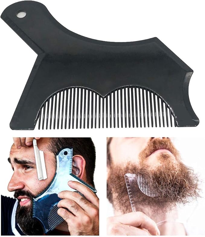 Beard Shaping Tool with Inbuilt Comb and Transparent Template Works with Electric Trimmers for Perfect Lineup Edging Jaw Cheek Neck Line Symmetric Curve Step Cut Styling Guide (Black)