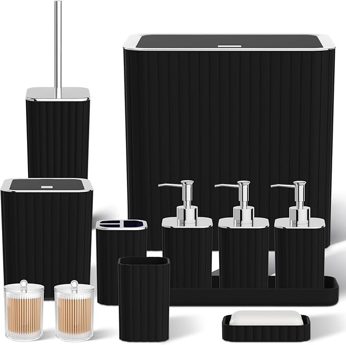 InnJoey Bathroom Accessory Set - Bathroom Set, 12PC Bathroom Accessory Set, Black Bathroom Accessories Set, Mini Trash Can, Toilet Brush, Trash Can & Soap Dispenser