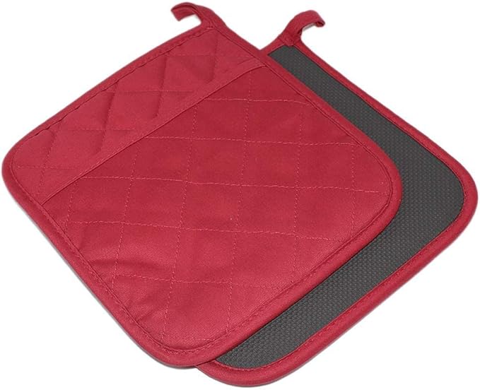 YEKOO 2Pcs Cotton and Neoprene Oven Pads Pot Holders with Pocket 8"x8.5" Dual-Function Hot Pad Set for Finger Hand Wrist Protection Heat Resistant to 428°F,Red