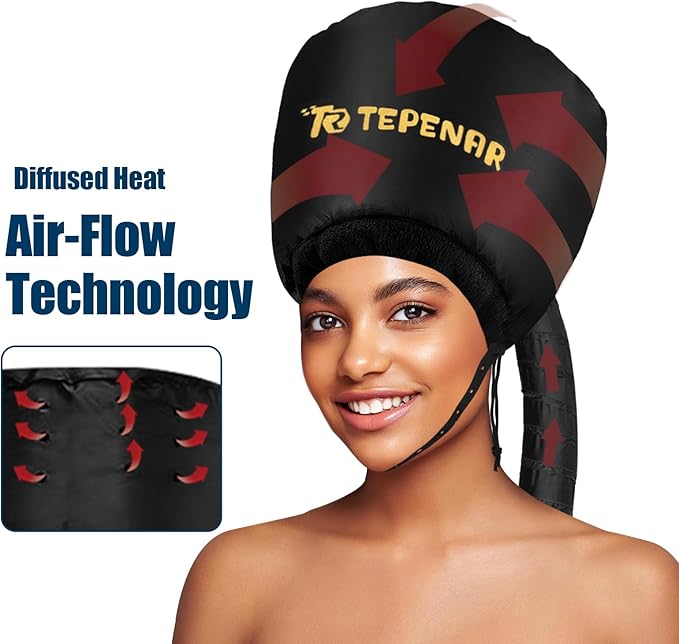 TEPENAR Hair Dryer Bonnet - Upgraded Extra Large Soft Adjustable Hooded Cap for Fast Hair Styling and Care