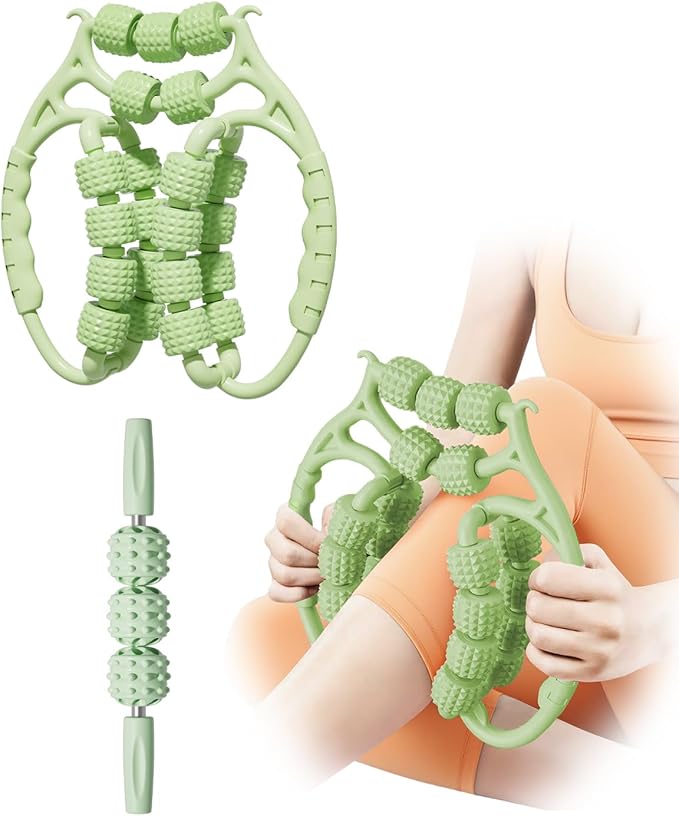 AwnPror Massage Roller for Legs,21 Wheel Circular Leg Clamp+3 Wheel Massage Roller Stick Lymphatic Massage for Relieve Soreness Stiffness Tight Muscles Deep Tissue-Green