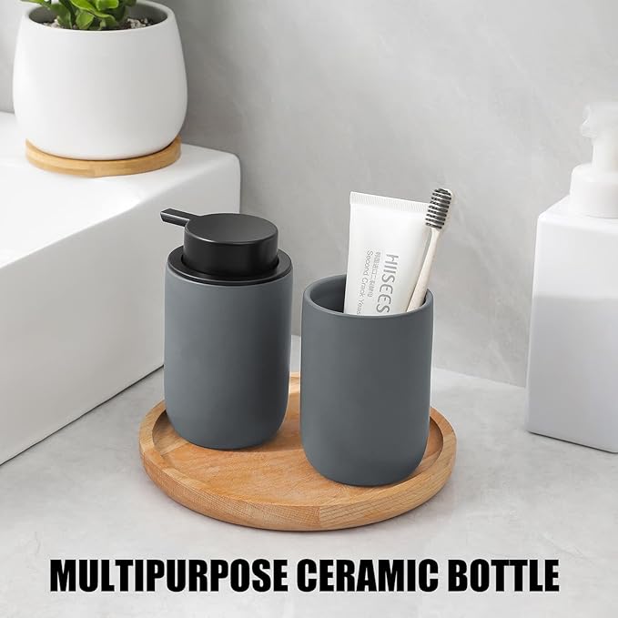 Hand Soap Dispenser for Bathroom Decro, Ceramic Liquid Pump Bottles Refillable Dish Dispenser for Kitchen Farmhouse Colleage Dorm, Matte Grey 2 Pack