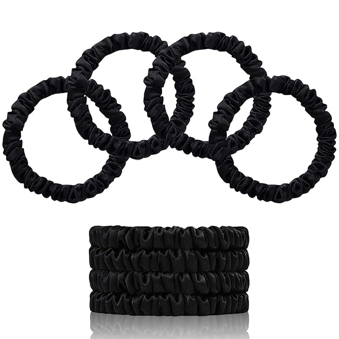 22 Momme 100% Pure Mulberry Silk Scrunchies (4 PCS) - Small Hair Elastics and Ties for Women, Sleep Hair Care, No Damage, Black
