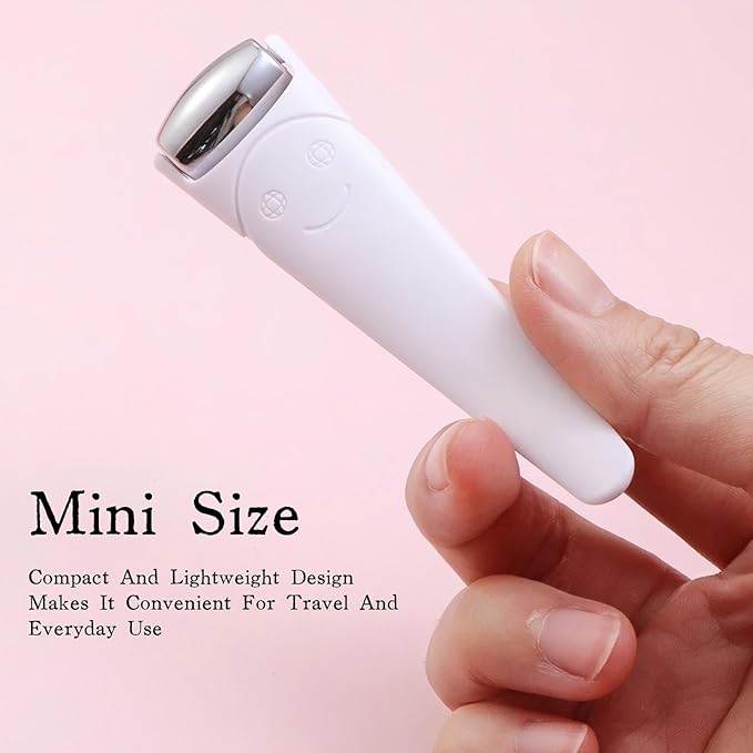 KINTEGOOD Mini Ice Roller for Face and Eyes, Portable Stainless Steel Facial Massage Tool with Cream Spoon for Travel, Dark Circles and Puffiness Relief, White