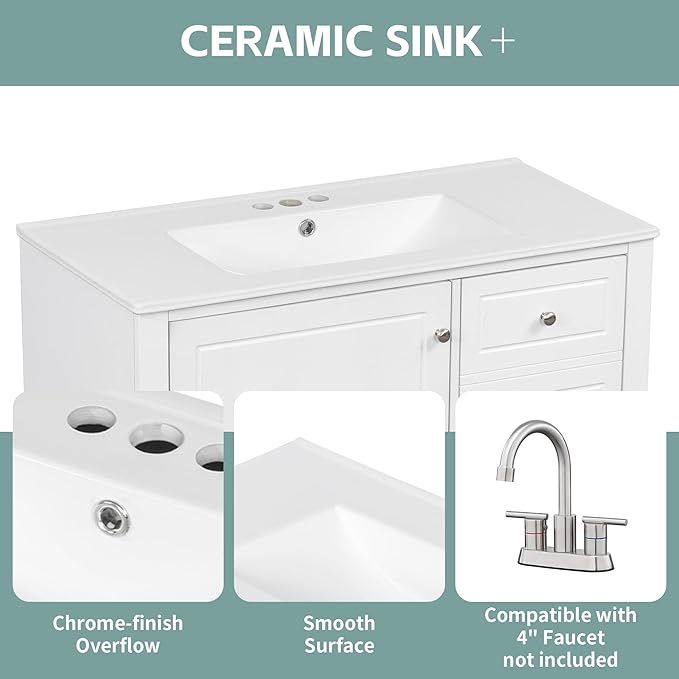 36" Bathroom Vanity with Sink, Harper & Bright Designs Free Standing Single Vanity Set with 3 Drawers and One Door with Storage Racks, Solid Wood Storage Cabinet with Ceramic Basin for Bathroom, White