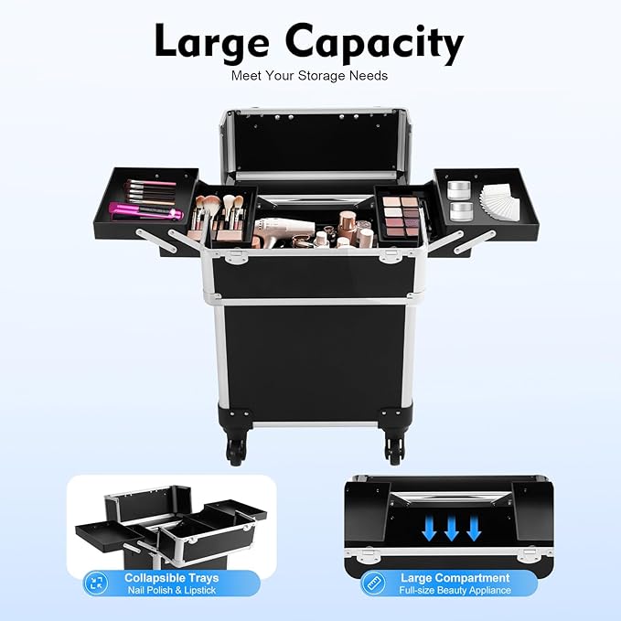 SuiYuLn 13.23lbs Lockable Makeup Train Case,Rolling Hairdressing Trolley,Beauty Salon Cosmetic Luggage with Universal Wheels for Hair Stylist,Make-up Artists (Black 7)