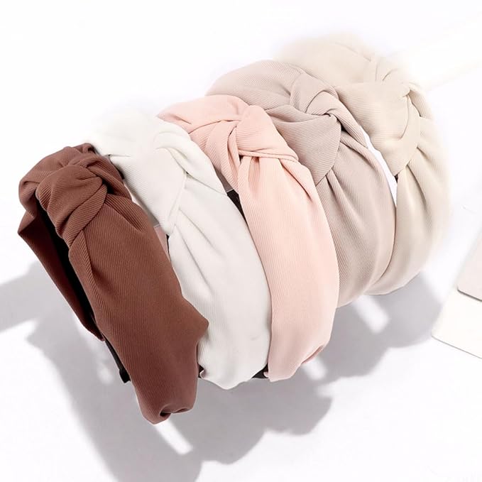 AHONEY 5 Pack Neutral Knotted Headbands for Women Trendy Fashion Thick Headbands Top Knot Non Slip Cute Hair Accessories Multi-style Headband Pack Diademas Para Mujer (Brown)