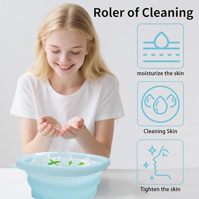 EBIGIC Face Bowl for Ice with Built-in IceTray,Collapsible Silicone Face Ice Bowl – Cold Plunge Therapy for Skin Tightening & Facial Treatment– Portable Spa Tool for Home & Travel（Blue)