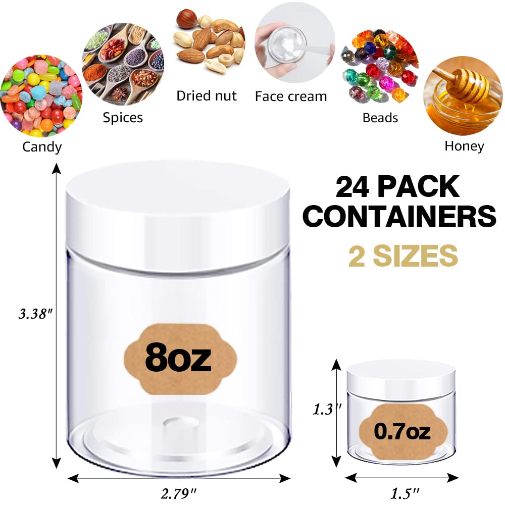 8oz Slime Containers with Lids 8 oz Plastic Jars with White Lids + 20g Sample Jars (Set of 24) Airtight Container for Lip Scrub, Body Butters, Cream, Slime, Craft Storage