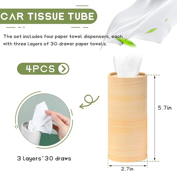 4 PCS Car Tissue Holder, Quick Convenient Refill Cylinder Facial Tissue Holder, Travel Tissues Box Round Container Suitable for Car Cup Holder, Universal Car Accessories (Wood)