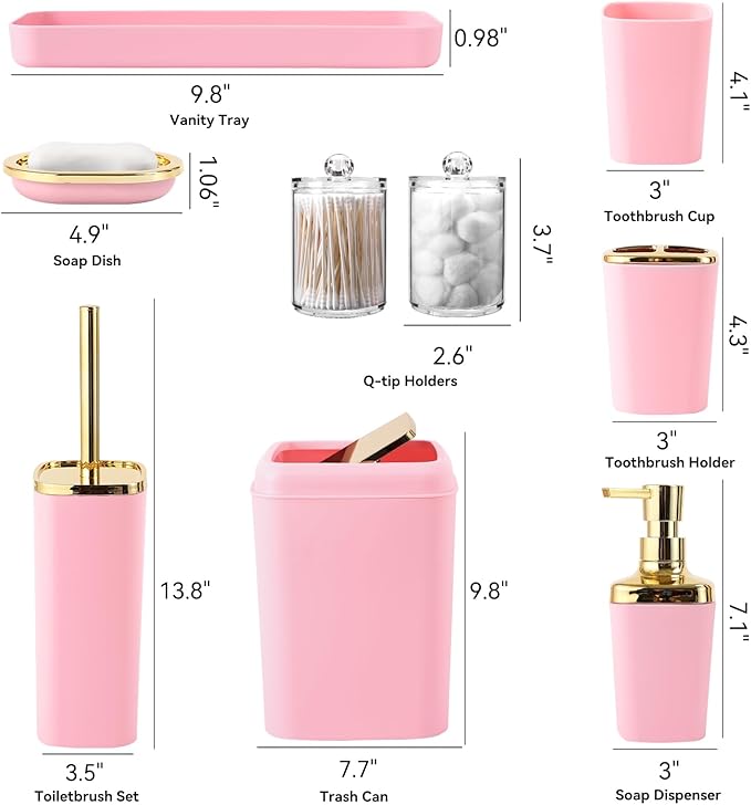 XLHOMO Bathroom Set, 9PC Bathroom Accessory Set, Pink Bathroom Accessories, Pink Bathroom Set, Trash Can, Soap Dispenser for Home Decor