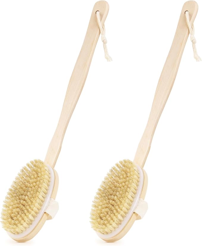 2 Pack Detachable Bath Bristle Brush, Wood Long Handle Dry Brushing Body Brush for Shower