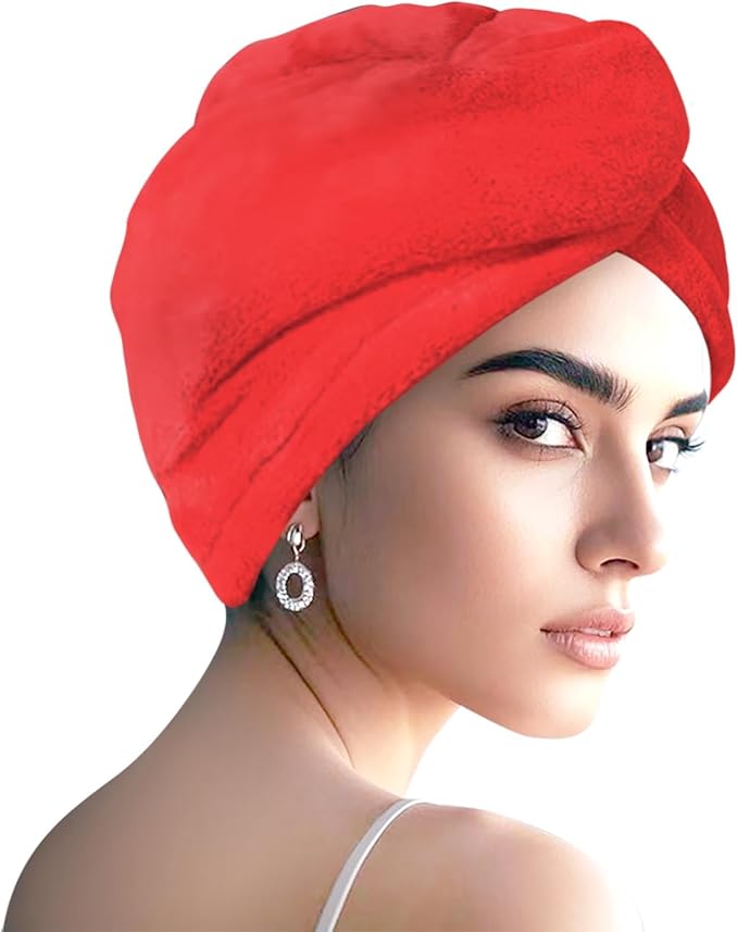 Microfiber Hair Drying Towel Wrap for Women, Hair Turbans Towel for Wet Hair,turbie Twist Hair Towels(The Color of the Picture is for Reference only) (Red-Double Layer)