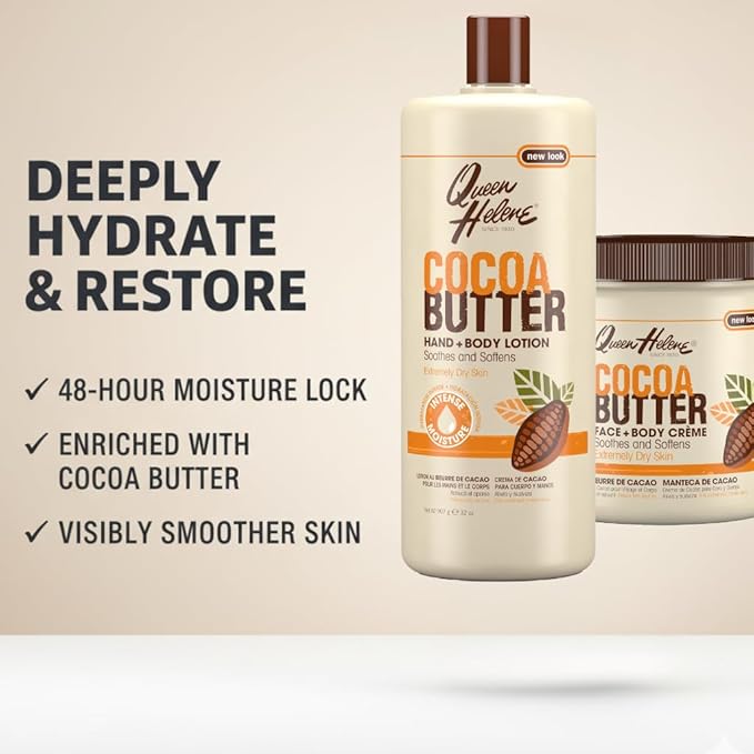 Queen Helene Cocoa Butter Creme – Extra Rich Moisturizing Cream that Softens, Nourishes & Restores Dry Skin Comfort | 15 oz | Pack of 4