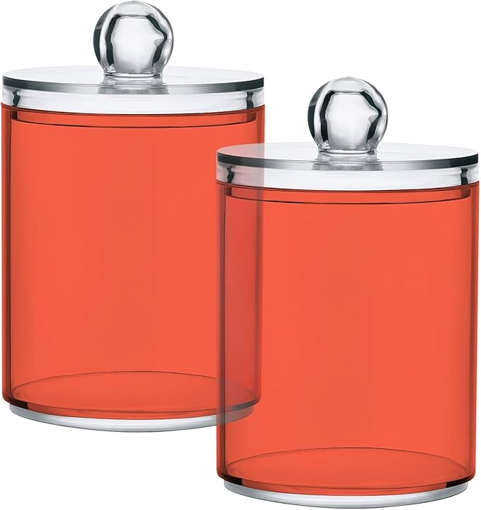Tomato Red Qtip Holder Organizer Dispenser Cotton Swabs Cans Plastic Jars with Lid Set 4 Pack Bathroom Storage Canister for Cotton Ball Floss Cotton Pads
