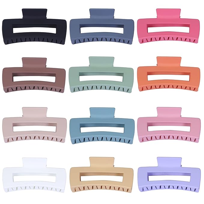 Sisiaipu 4.1 Inch Jumbo Hair Clips - 12 Pcs Colorful Square Jaw Clips for Thick Hair, Women and Girls Hair Accessories