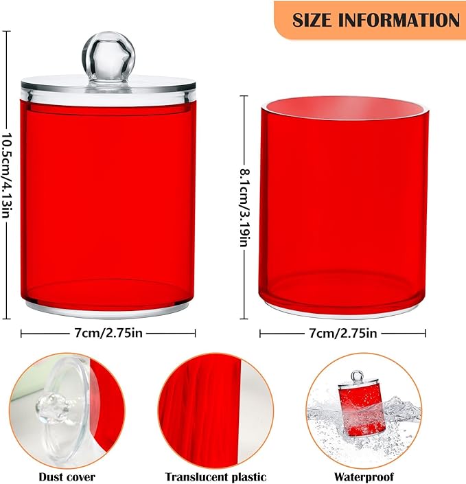 Red Qtip Holder Organizer Dispenser Cotton Swabs Cans Plastic Jars with Lid Set 2 Pack Bathroom Storage Canister for Cotton Ball Floss Cotton Pads