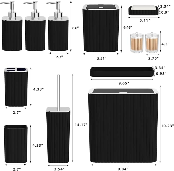 InnJoey Bathroom Accessory Set - Bathroom Set, 12PC Bathroom Accessory Set, Black Bathroom Accessories Set, Mini Trash Can, Toilet Brush, Trash Can & Soap Dispenser