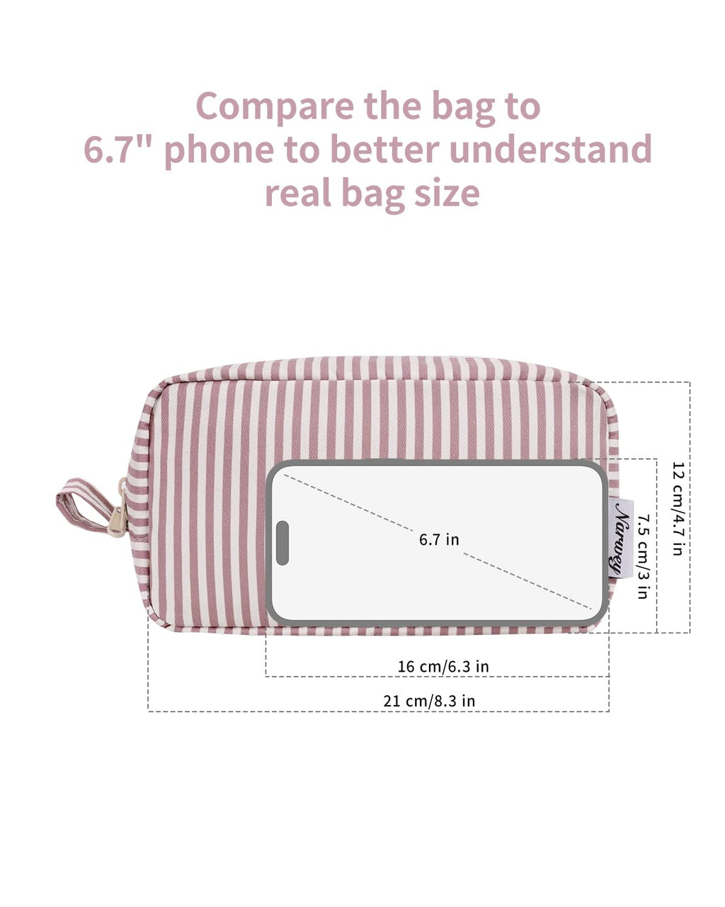 Narwey Cute Makeup Bag Small Toiletry Bag Travel Cosmetic Bag Organizer Make Up Bags with Organized Pockets for Women (Dusty Rose Stripe, Large)