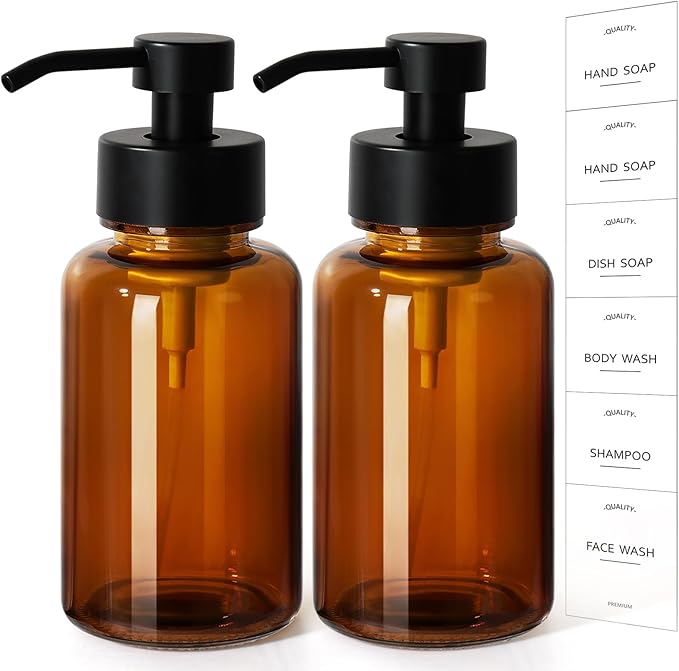 RACOBOT Amber Foam Soap Dispenser, 14.1 oz/400ml Foaming Hand Soap Dispenser, 2 Pack Glass Foaming Dispenser for Bathroom & Kitchen, Refillable Liquid Dispenser Bottle with Waterproof Labels