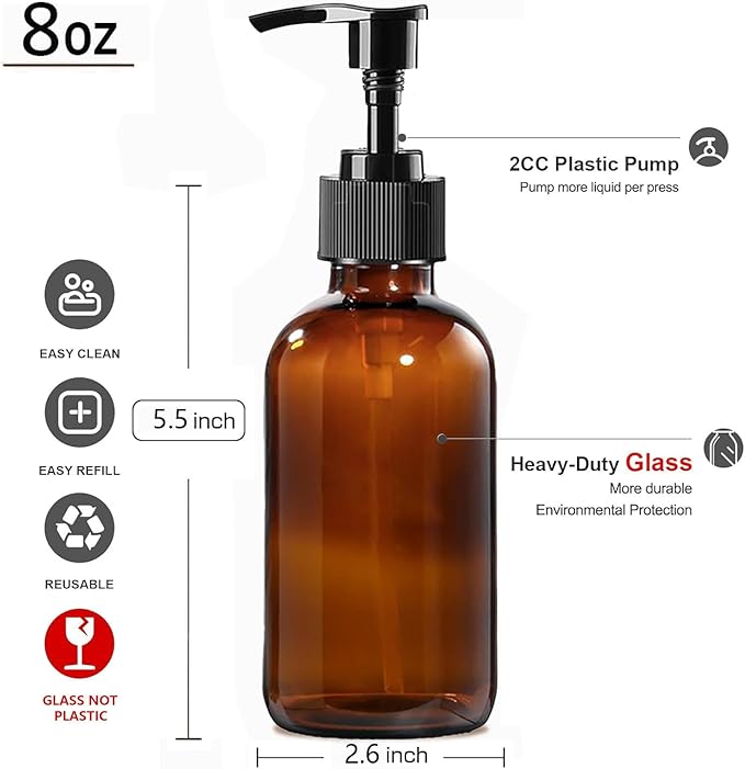 BPFY 12 Pack 8 oz Amber Glass Bottles with Pumps for Essential Oils, Cleaning Products, Lotions, Aromatherapy Oil, Pump Bottles, Refillable Containers with Cap, Funnel, 12 Chalk Labels, 1 Pen