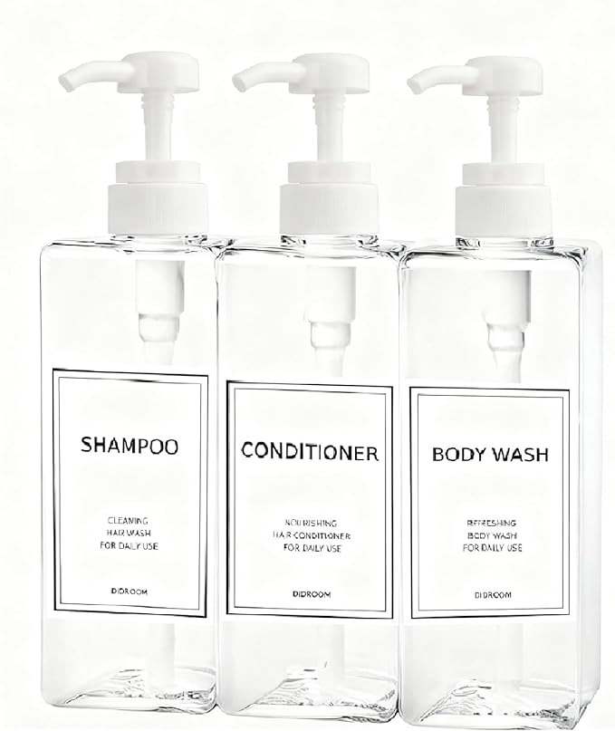 Modern Shampoo and Conditioner Dispenser (21 oz, Pack of 3) Refillable Pump Bottle Set Empty Shower Plastic Bottles with Pump for Bathroom Body Wash Soap and Shower (Clear)