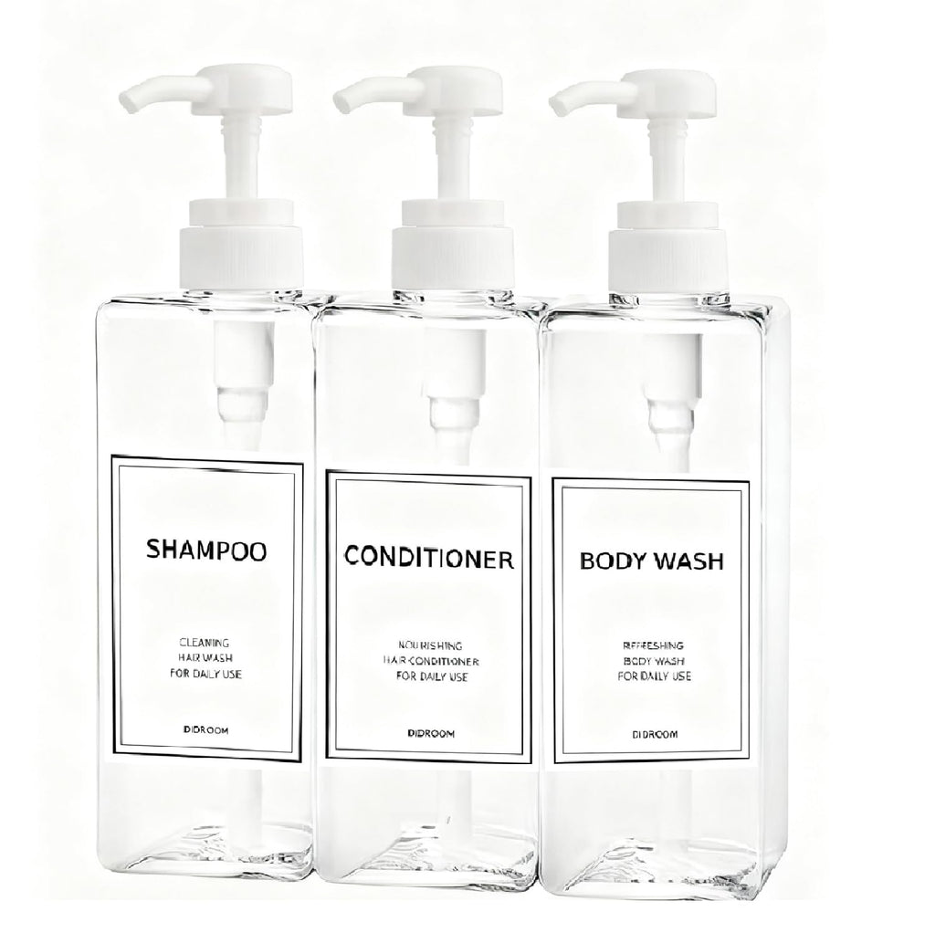 Modern Shampoo and Conditioner Dispenser (21 oz, Pack of 3) Refillable Pump Bottle Set Empty Shower Plastic Bottles with Pump for Bathroom Body Wash Soap and Shower (Clear)