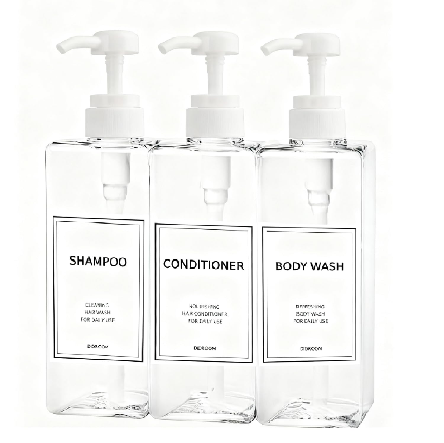 Modern Shampoo and Conditioner Dispenser (21 oz, Pack of 3) Refillable Pump Bottle Set Empty Shower Plastic Bottles with Pump for Bathroom Body Wash Soap and Shower (Clear)