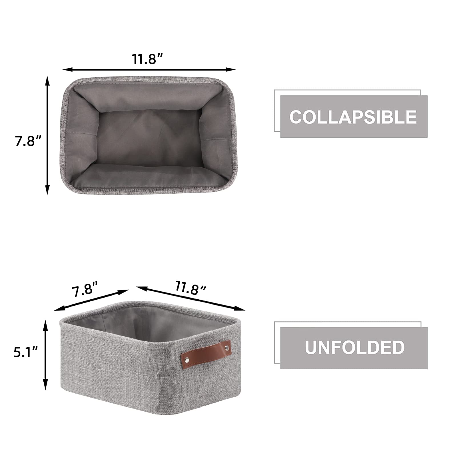 HNZIGE Foldable Fabric Storage Baskets (6pack), Empty Gift Baskets with Leather Handles, Decorative Organizers for Closet (Gray, 11.8" x 7.8" x 5.1")