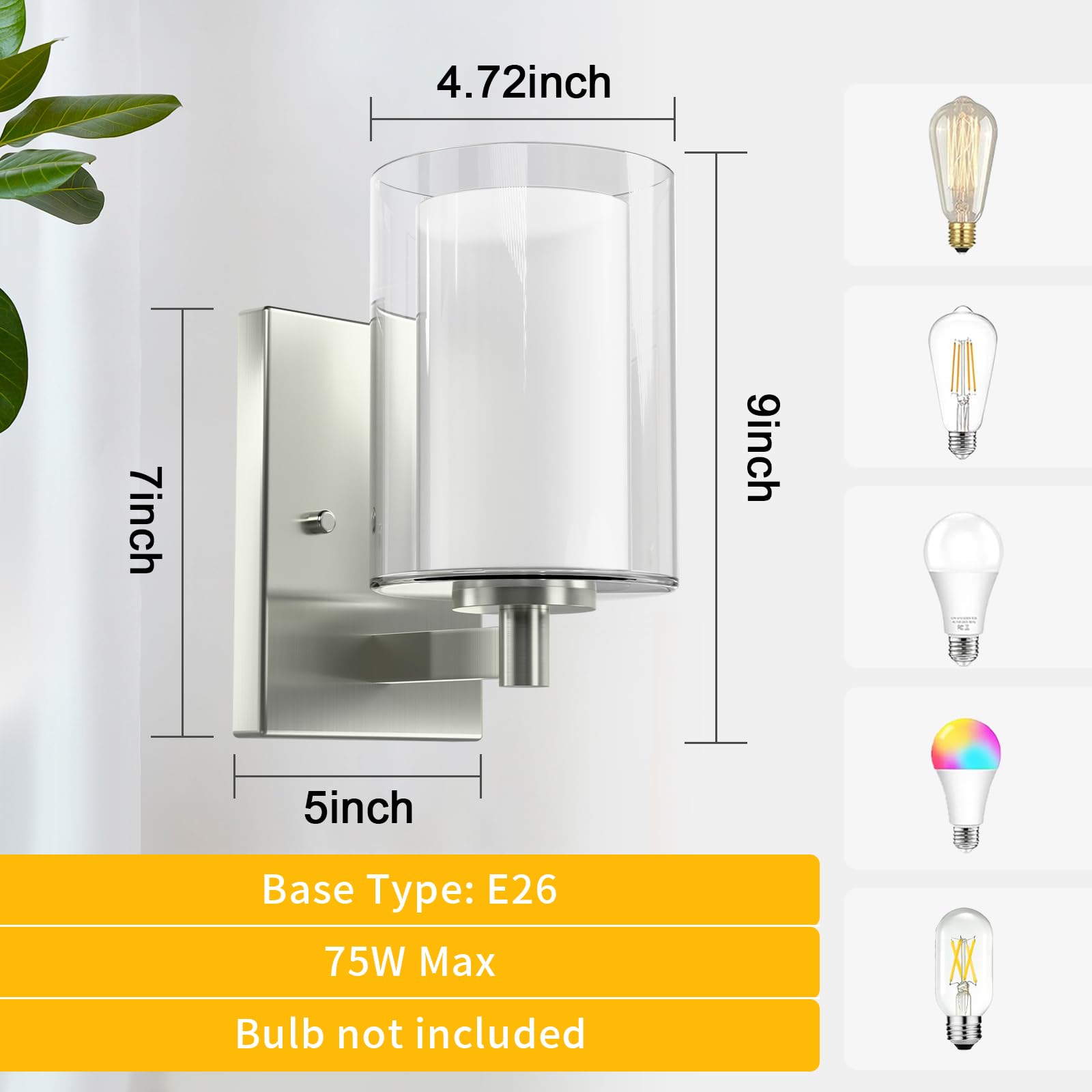 Kalium Wall Sconces Set of Two Modern Vanity Lights with Double Clear Glass Shade Brushed Nickel Indoor Farmhouse Wall Light for Bathroom Living Room Bedroom Mirror Hallway Bulb E26 Base (2PCS)