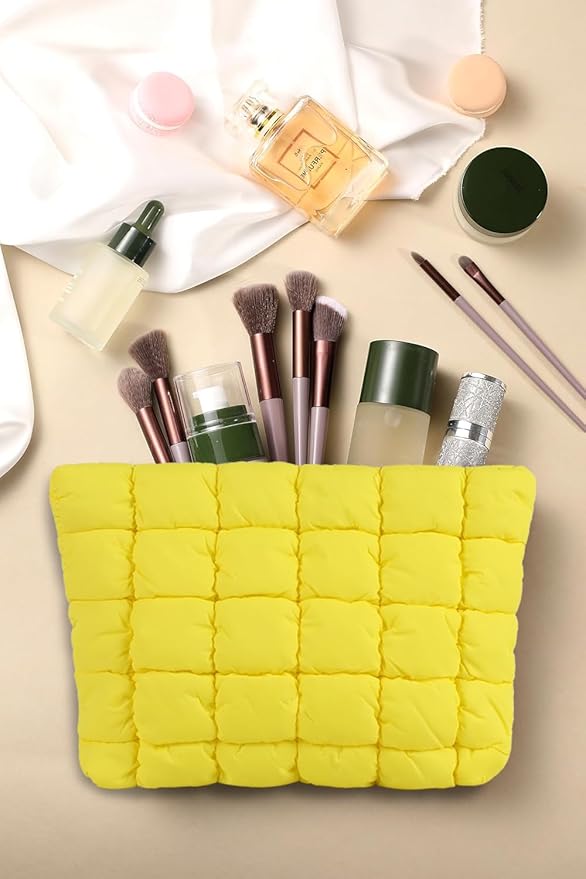 HFLZBRO Puffy Quilted Makeup Bag, Cosmetic Bag, Travel Toiletry Organizer Pouch, Clutch for Women (Yellow)