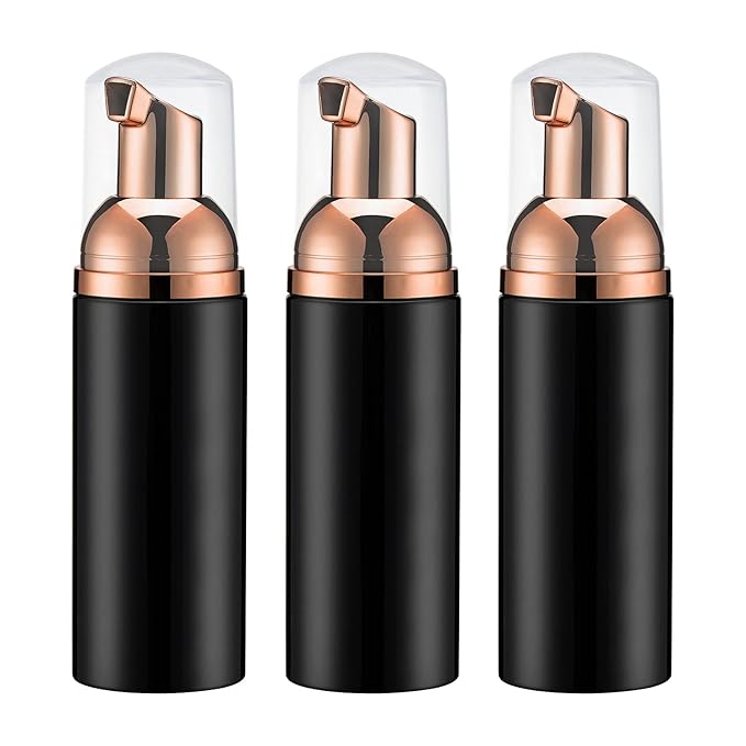 Owlyee Travel Foam Pump Bottle - 2oz Small Size Foaming Hand Soap Dispenser - Mini Portable Mousse Lash Shampoo Kit Container for Hair - Empty Leak Proof Plastic Rose Gold &Black Foamer 3Pack