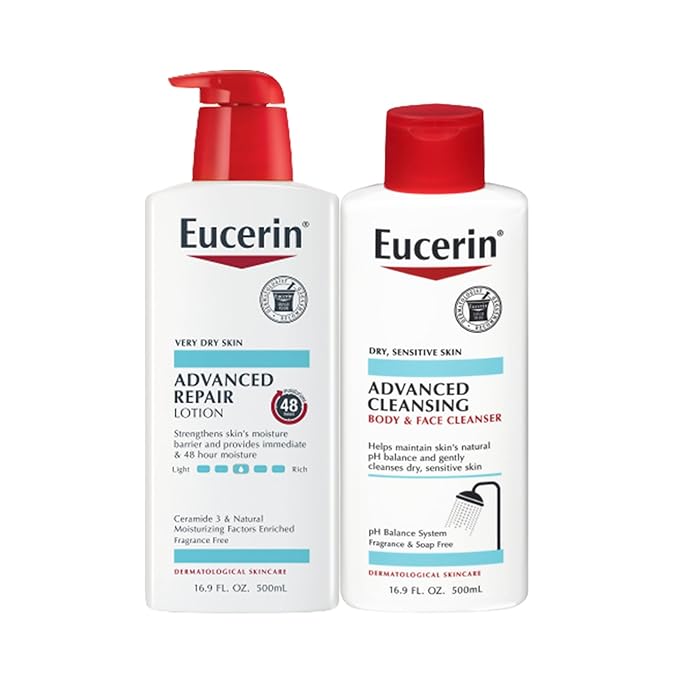 Eucerin Advanced Repair Body Lotion, 16.9 FL OZ Pump Bottle, and Eucerin Advanced Cleansing Body Wash and Face Cleanser, 16.9 FL OZ Bottle, Dry Skin Relief Bundle