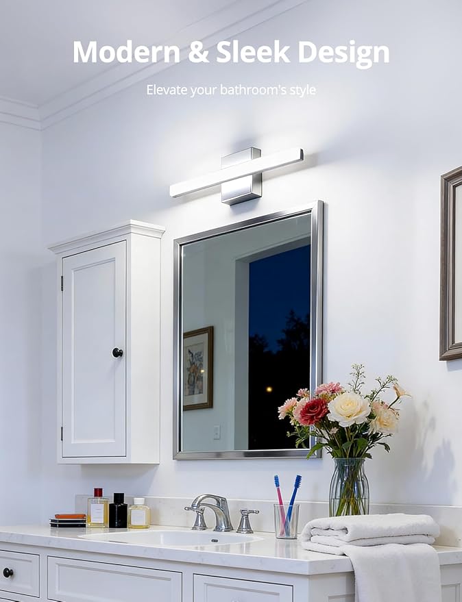 Combuh Modern Bathroom Light Fixtures Over Mirror, 16 Inch IP44 9W Chrome Vanity Light Bar for Bathroom, Wall Light Fixtures Cool White 6000K