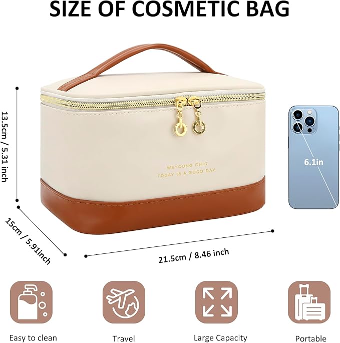 JINSI Small Makeup Bag Travel Cosmetic Bag Toiletry Zipper Pouch Make Up Organizer Bag with Handle Purse for Women Soft PU Leather Skincare Case (L01-Beige)