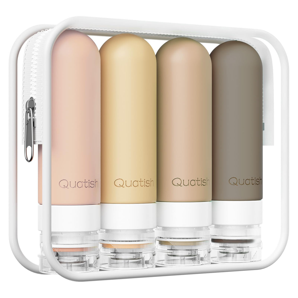 Quatish Travel Bottles for Toiletries, Original Patented Leak Proof Travel Size Containers, 3 oz Tsa Approved Silicone Shampoo and Conditioner Bottles, 4 Pack, Brown